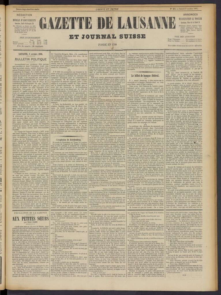 Miniatura de Gazette de Lausanne et Journal Suisse del 3 de octubre de 1891, nº 234
