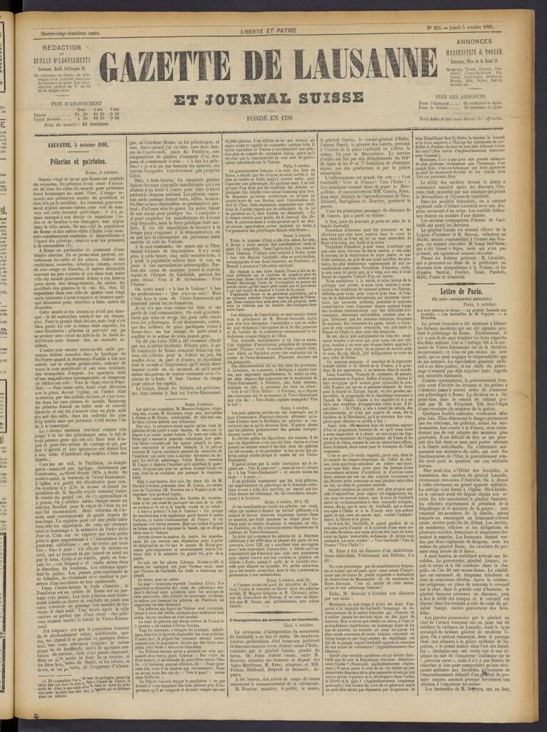 Miniatura de Gazette de Lausanne et Journal Suisse del 5 de octubre de 1891, nº 235