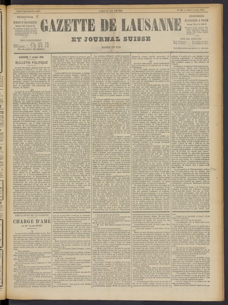 Miniatura de Gazette de Lausanne et Journal Suisse del 8 de octubre de 1891, nº 238