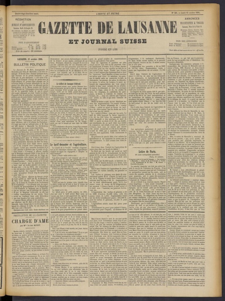 Miniatura de Gazette de Lausanne et Journal Suisse del 12 de octubre de 1891, nº 241