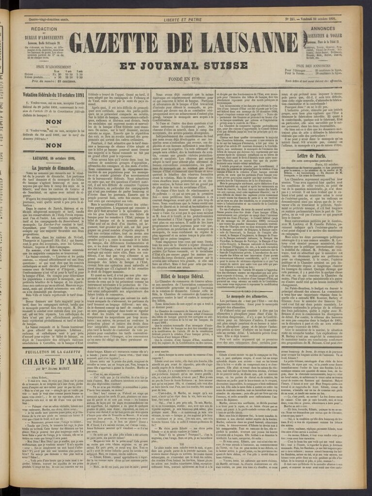 Miniatura de Gazette de Lausanne et Journal Suisse del 16 de octubre de 1891, nº 245
