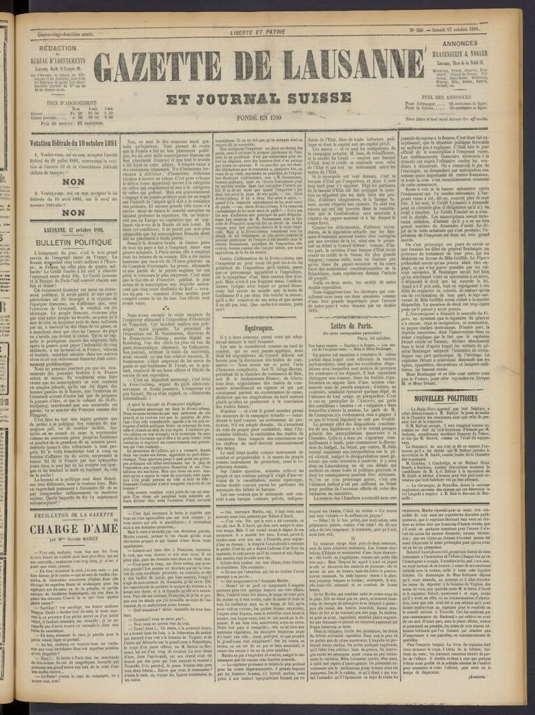 Miniatura de Gazette de Lausanne et Journal Suisse del 17 de octubre de 1891, nº 246