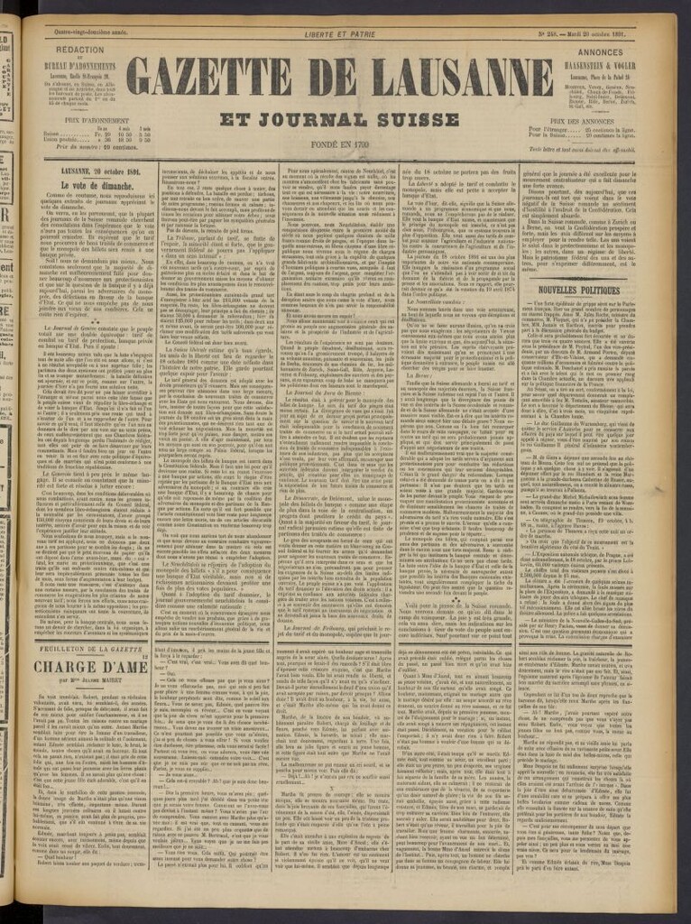 Miniatura de Gazette de Lausanne et Journal Suisse del 20 de octubre de 1891, nº 248