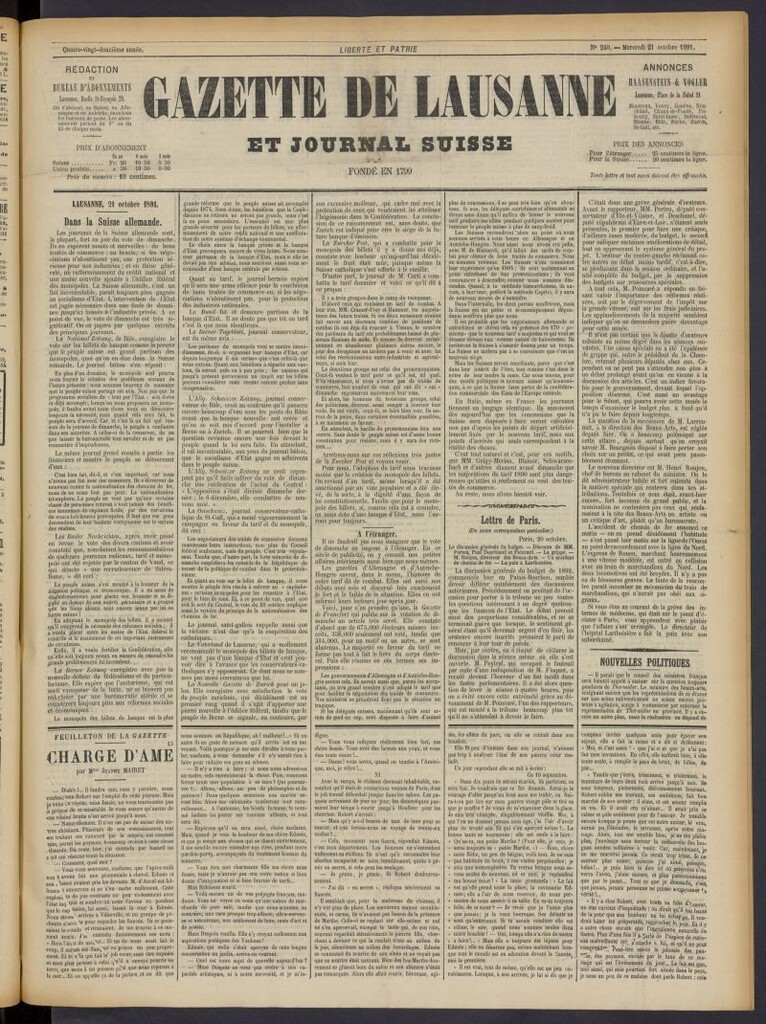 Miniatura de Gazette de Lausanne et Journal Suisse del 21 de octubre de 1891, nº 249