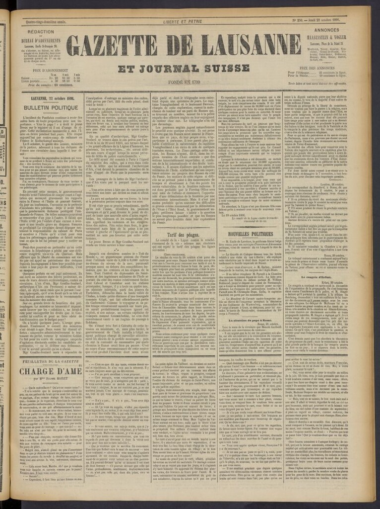 Miniatura de Gazette de Lausanne et Journal Suisse del 22 de octubre de 1891, nº 250