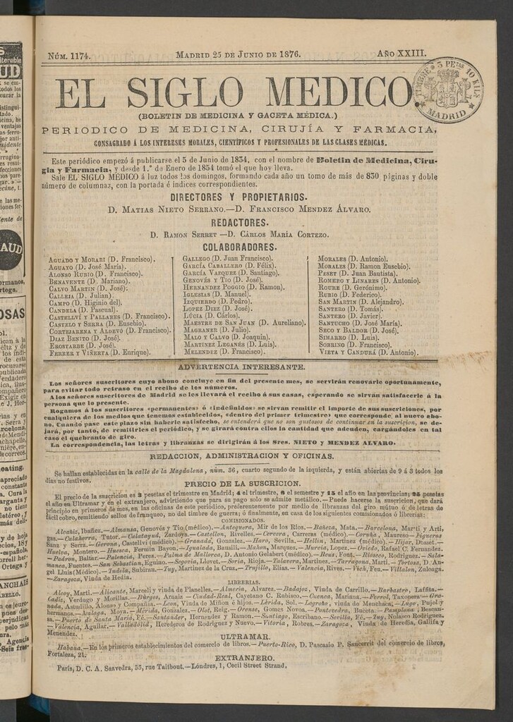 Miniatura de El Siglo Médico: boletín de medicina y gaceta médica del 25 de junio de 1876