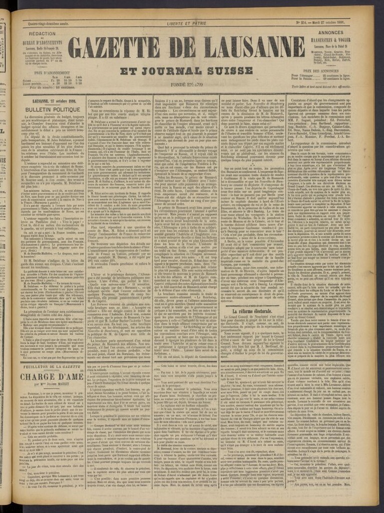 Miniatura de Gazette de Lausanne et Journal Suisse del 27 de octubre de 1891, nº 254