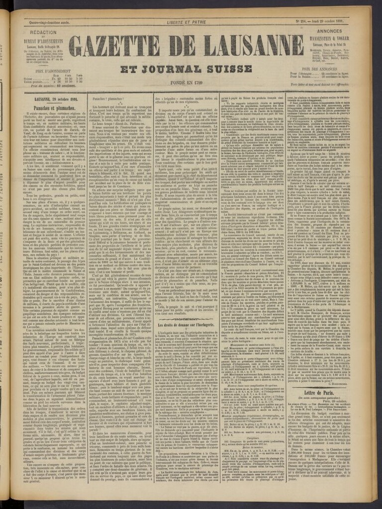 Miniatura de Gazette de Lausanne et Journal Suisse del 29 de octubre de 1891, nº 256