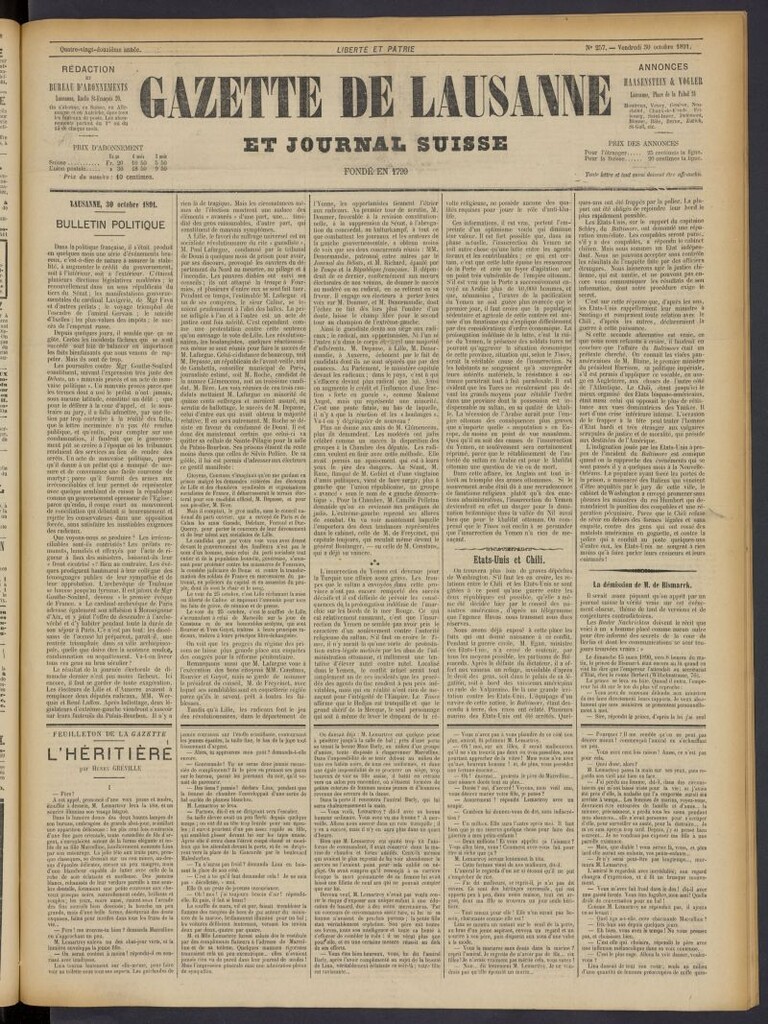 Miniatura de Gazette de Lausanne et Journal Suisse del 30 de octubre de 1891, nº 257
