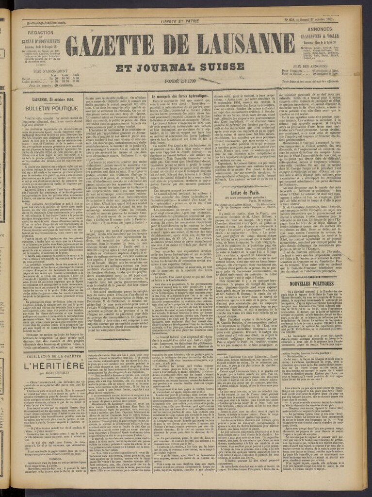 Miniatura de Gazette de Lausanne et Journal Suisse del 31 de octubre de 1891, nº 258