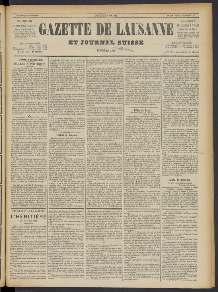 Miniatura de Gazette de Lausanne et Journal Suisse del 2 de noviembre de 1891, nº 259