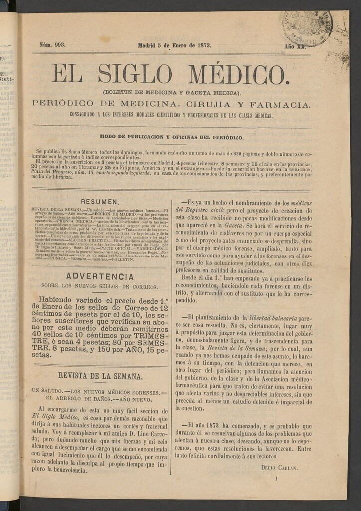 Miniatura de El Siglo Médico: boletín de medicina y gaceta médica del 5 de enero de 1873