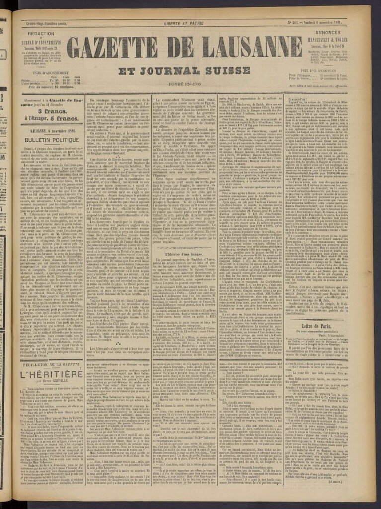 Miniatura de Gazette de Lausanne et Journal Suisse del 6 de noviembre de 1891, nº 263