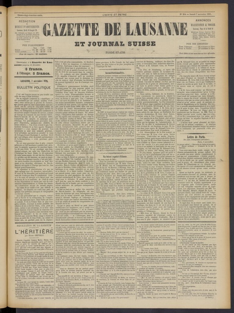 Miniatura de Gazette de Lausanne et Journal Suisse del 7 de noviembre de 1891, nº 264