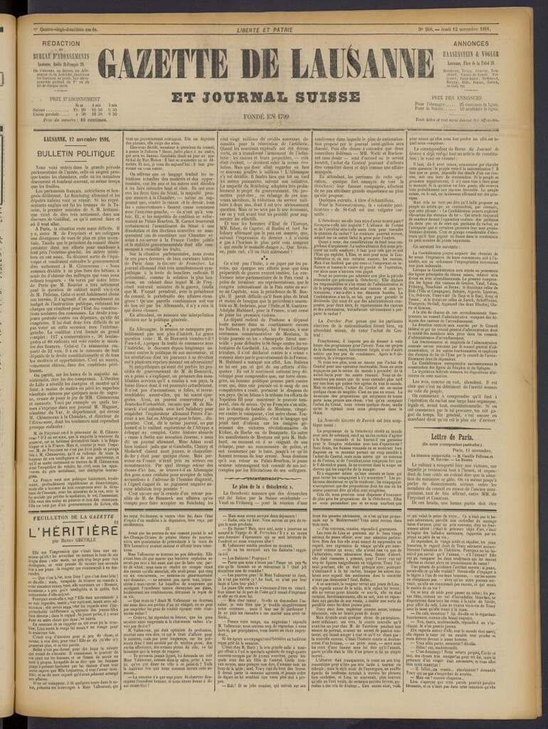 Miniatura de Gazette de Lausanne et Journal Suisse del 12 de noviembre de 1891, nº 268