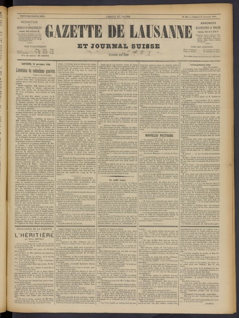 Miniatura de Gazette de Lausanne et Journal Suisse del 13 de noviembre de 1891, nº 269