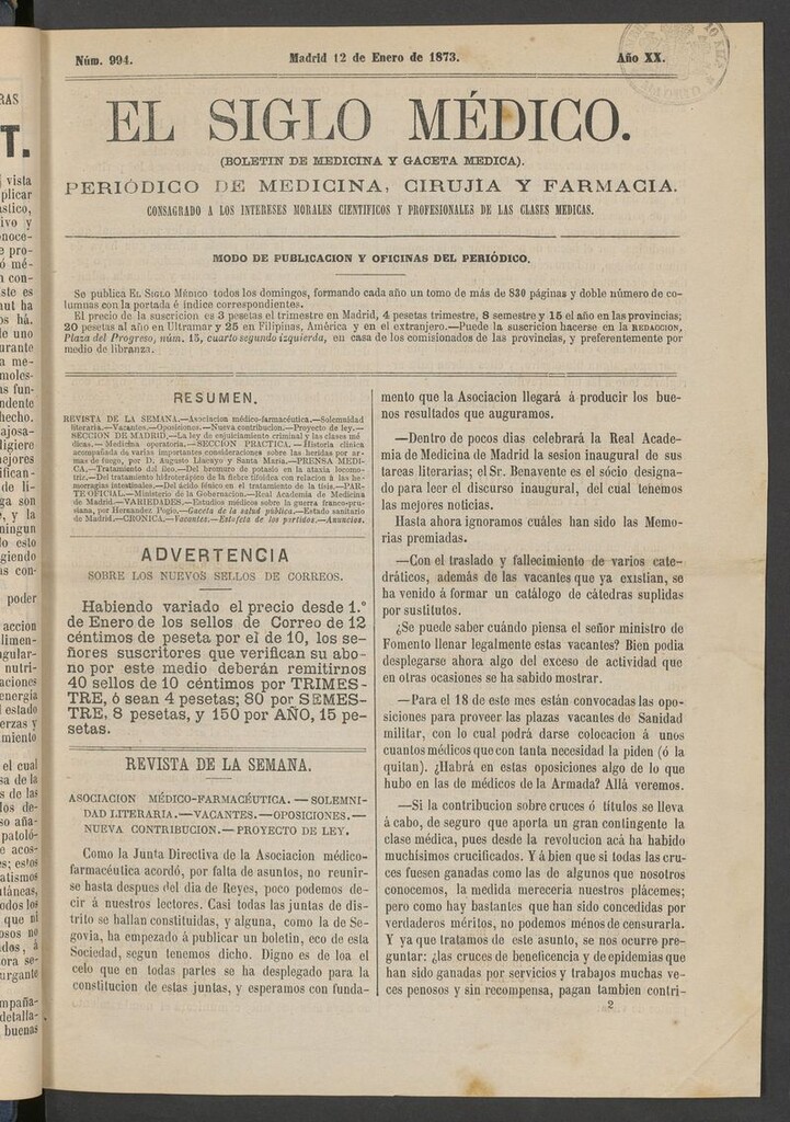 Miniatura de El Siglo Médico: boletín de medicina y gaceta médica del 12 de enero de 1873