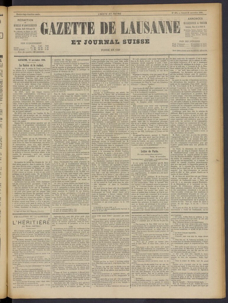 Miniatura de Gazette de Lausanne et Journal Suisse del 21 de noviembre de 1891, nº 276