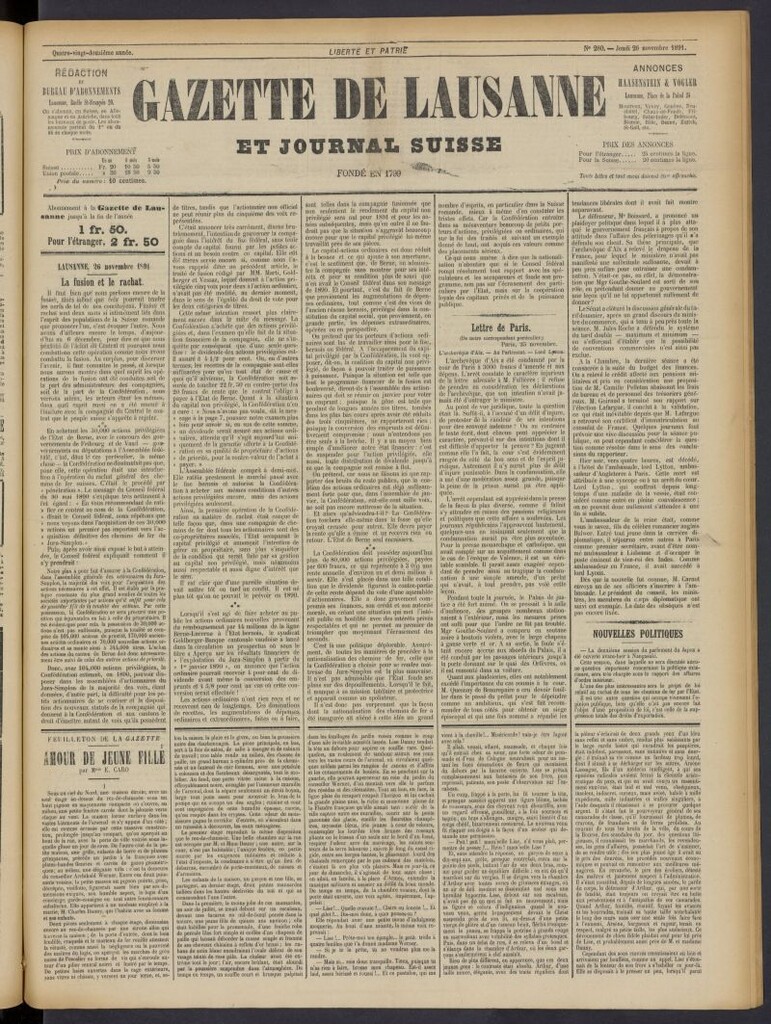Miniatura de Gazette de Lausanne et Journal Suisse del 26 de noviembre de 1891, nº 280