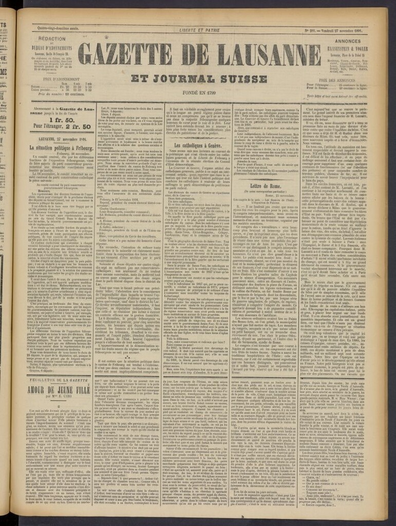 Miniatura de Gazette de Lausanne et Journal Suisse del 27 de noviembre de 1891, nº 281