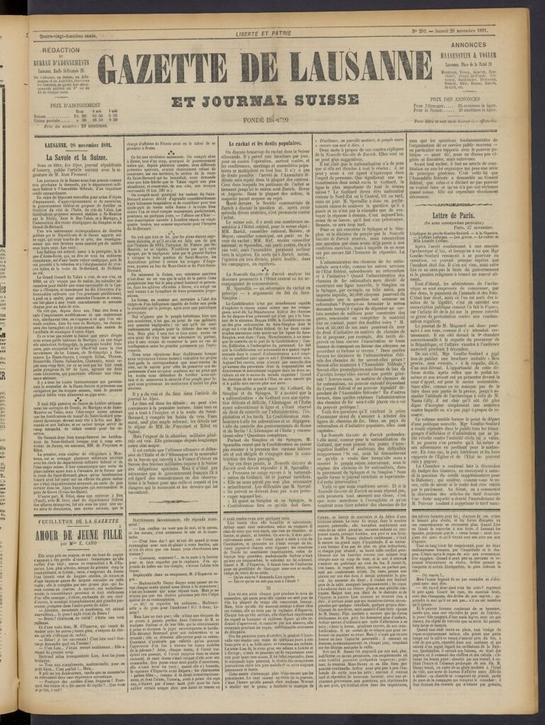 Miniatura de Gazette de Lausanne et Journal Suisse del 28 de noviembre de 1891, nº 282