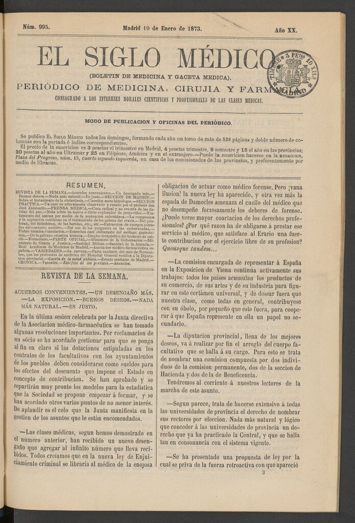 Miniatura de El Siglo Médico: boletín de medicina y gaceta médica del 19 de enero de 1873