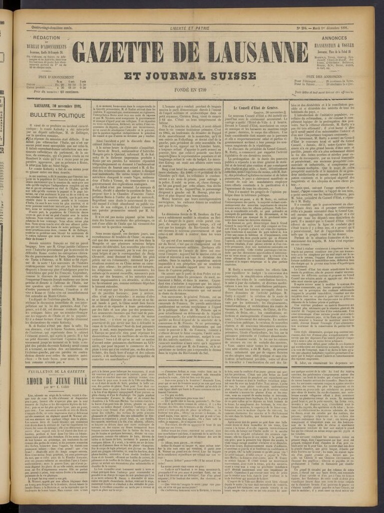 Miniatura de Gazette de Lausanne et Journal Suisse del 1 de diciembre de 1891, nº 284