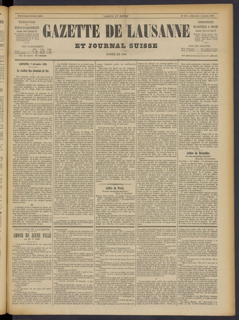 Miniatura de Gazette de Lausanne et Journal Suisse del 2 de diciembre de 1891, nº 285