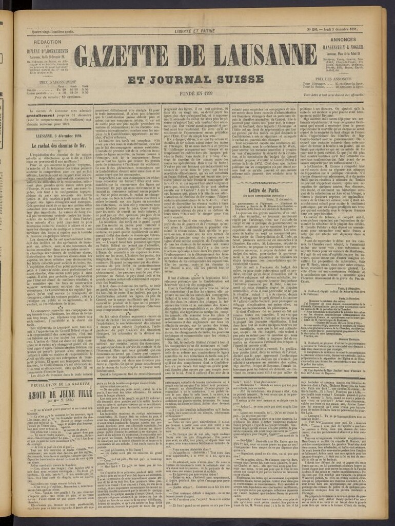 Miniatura de Gazette de Lausanne et Journal Suisse del 3 de diciembre de 1891, nº 286