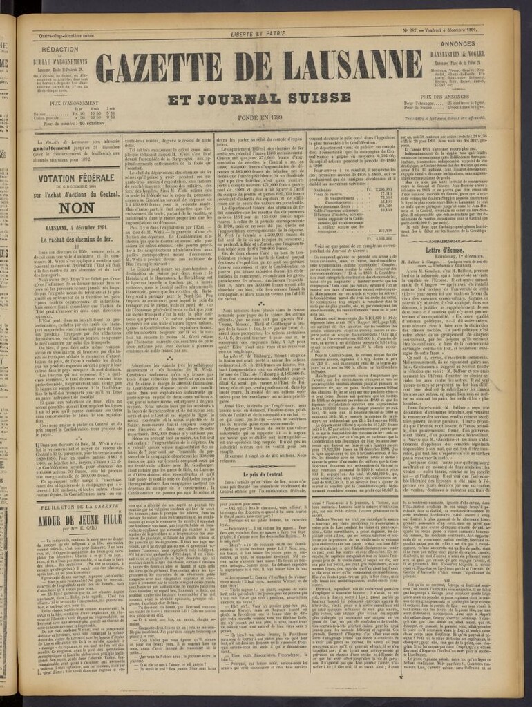 Miniatura de Gazette de Lausanne et Journal Suisse del 4 de diciembre de 1891, nº 287