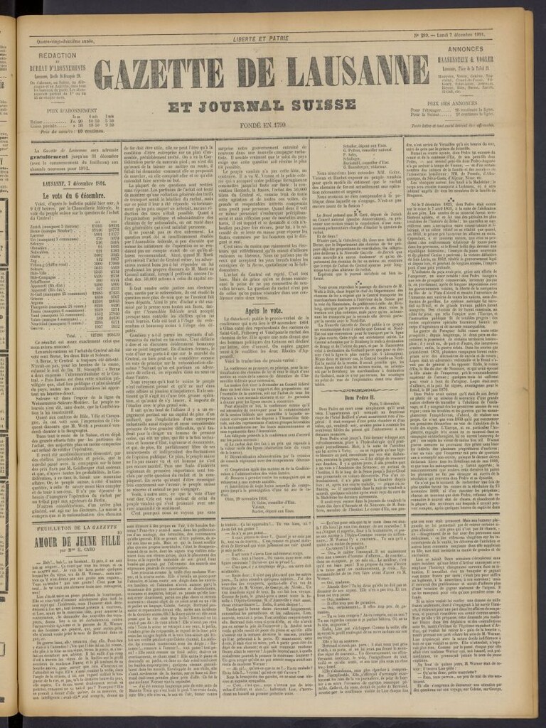Miniatura de Gazette de Lausanne et Journal Suisse del 7 de diciembre de 1891, nº 289