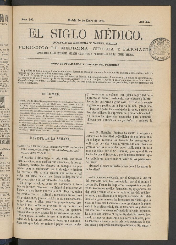 Miniatura de El Siglo Médico: boletín de medicina y gaceta médica del 26 de enero de 1873