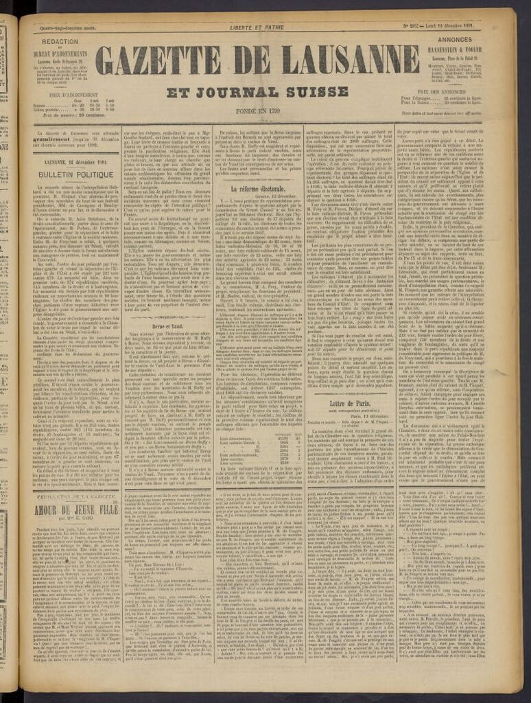 Miniatura de Gazette de Lausanne et Journal Suisse del 14 de diciembre de 1891, nº 295