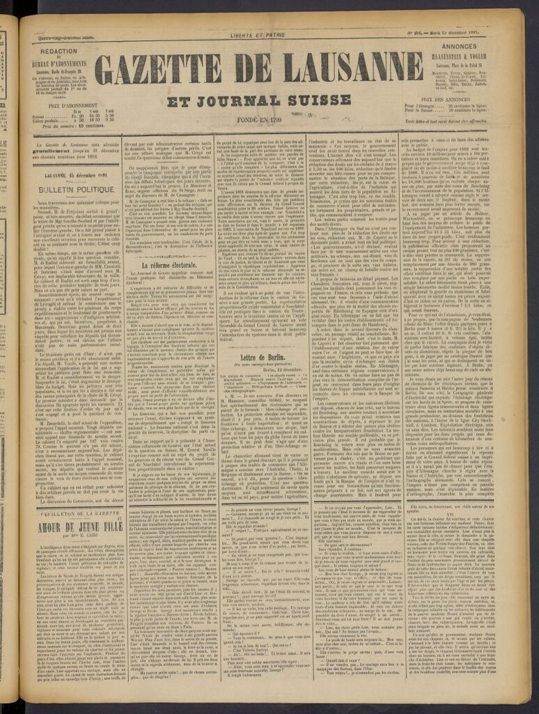 Miniatura de Gazette de Lausanne et Journal Suisse del 15 de diciembre de 1891, nº 296