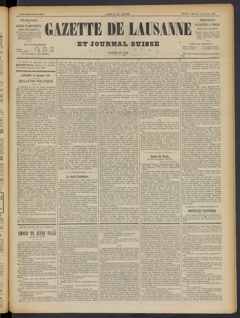 Miniatura de Gazette de Lausanne et Journal Suisse del 16 de diciembre de 1891, nº 297