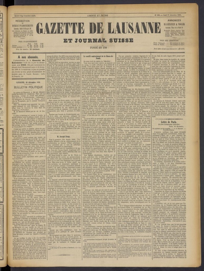 Miniatura de Gazette de Lausanne et Journal Suisse del 17 de diciembre de 1891, nº 298