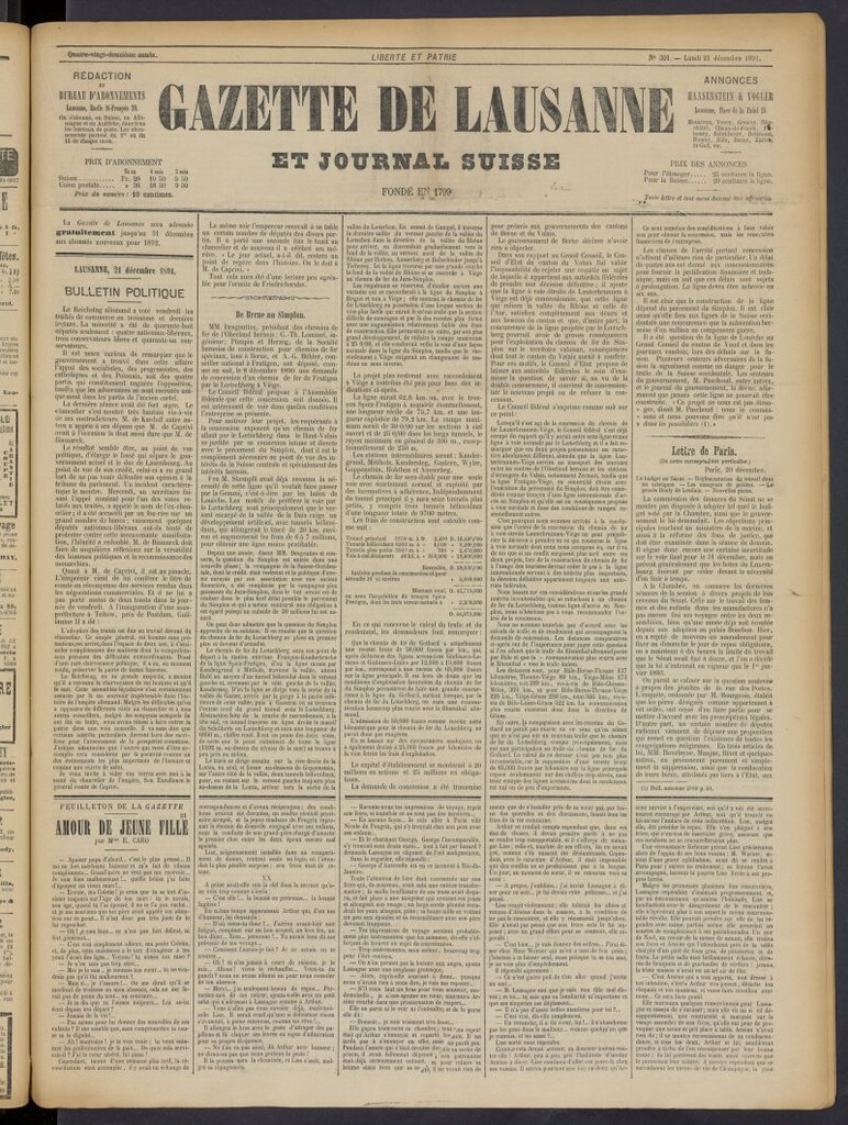 Miniatura de Gazette de Lausanne et Journal Suisse del 21 de diciembre de 1891, nº 301