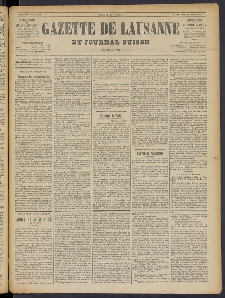 Miniatura de Gazette de Lausanne et Journal Suisse del 22 de diciembre de 1891, nº 302