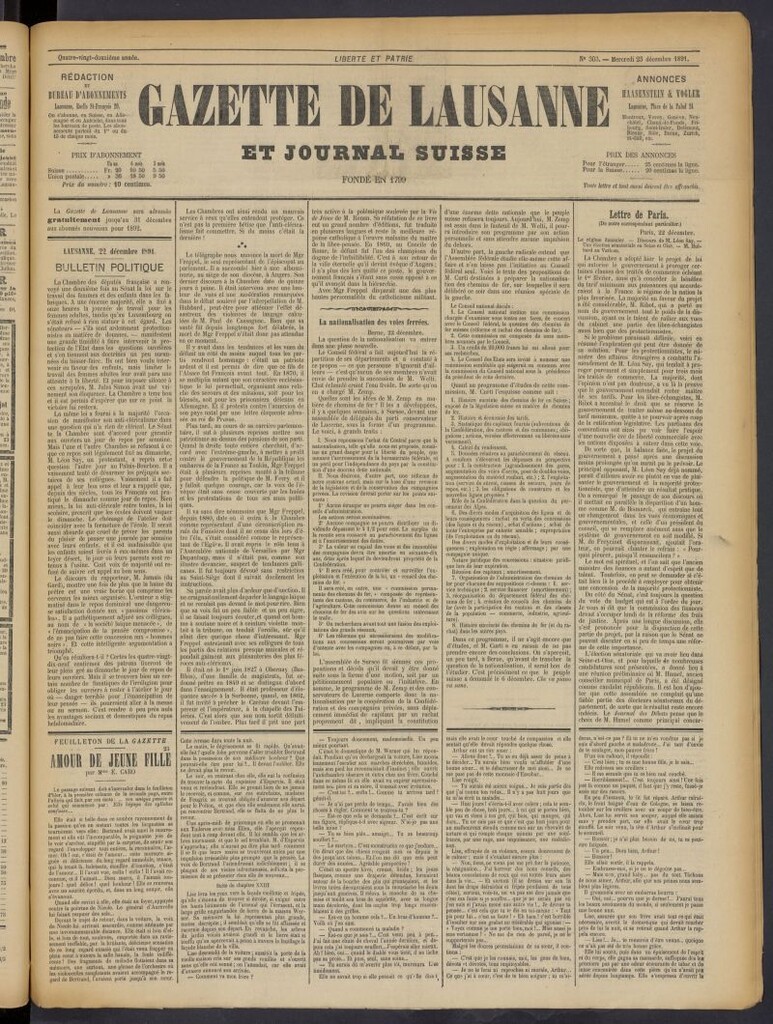 Miniatura de Gazette de Lausanne et Journal Suisse del 23 de diciembre de 1891, nº 303