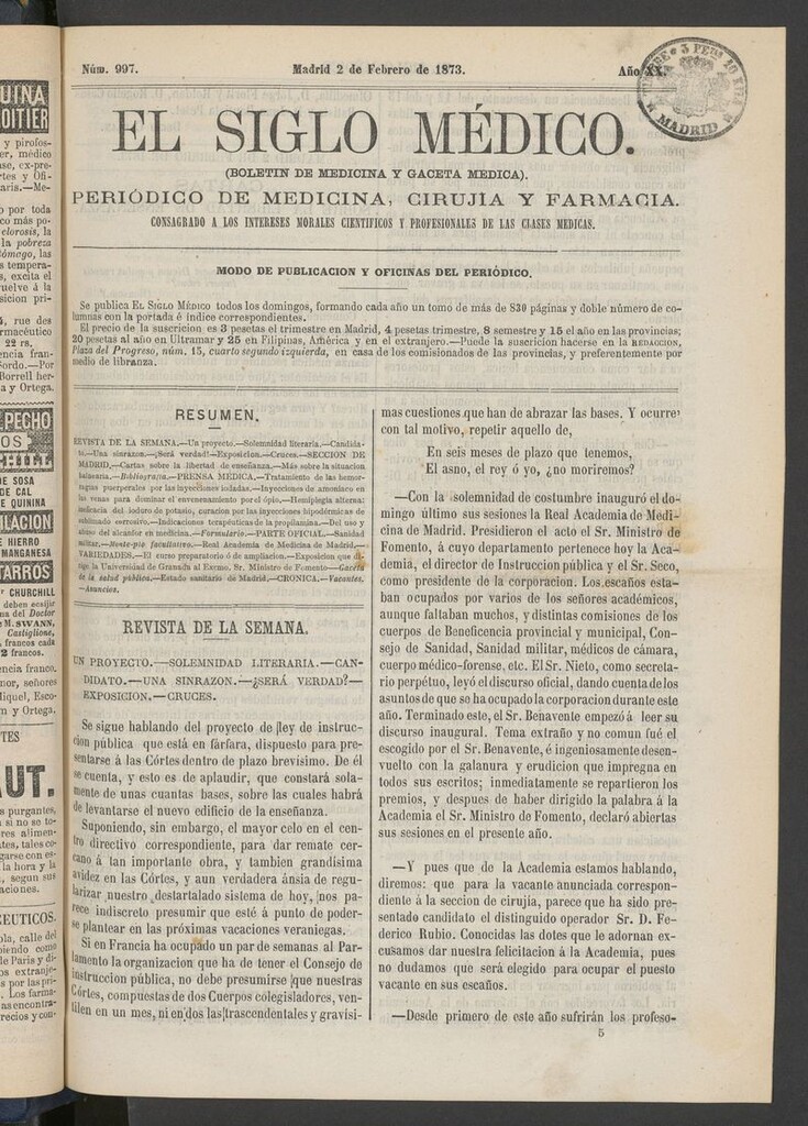 Miniatura de El Siglo Médico: boletín de medicina y gaceta médica del 2 de febrero de 1873