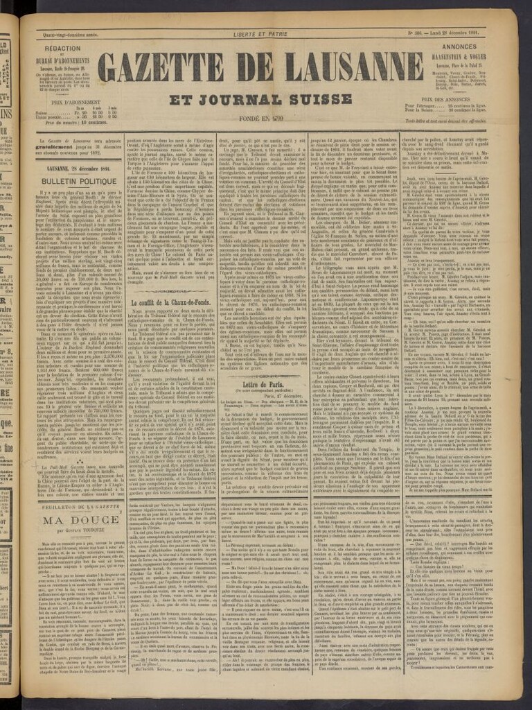 Miniatura de Gazette de Lausanne et Journal Suisse del 28 de diciembre de 1891, nº 306