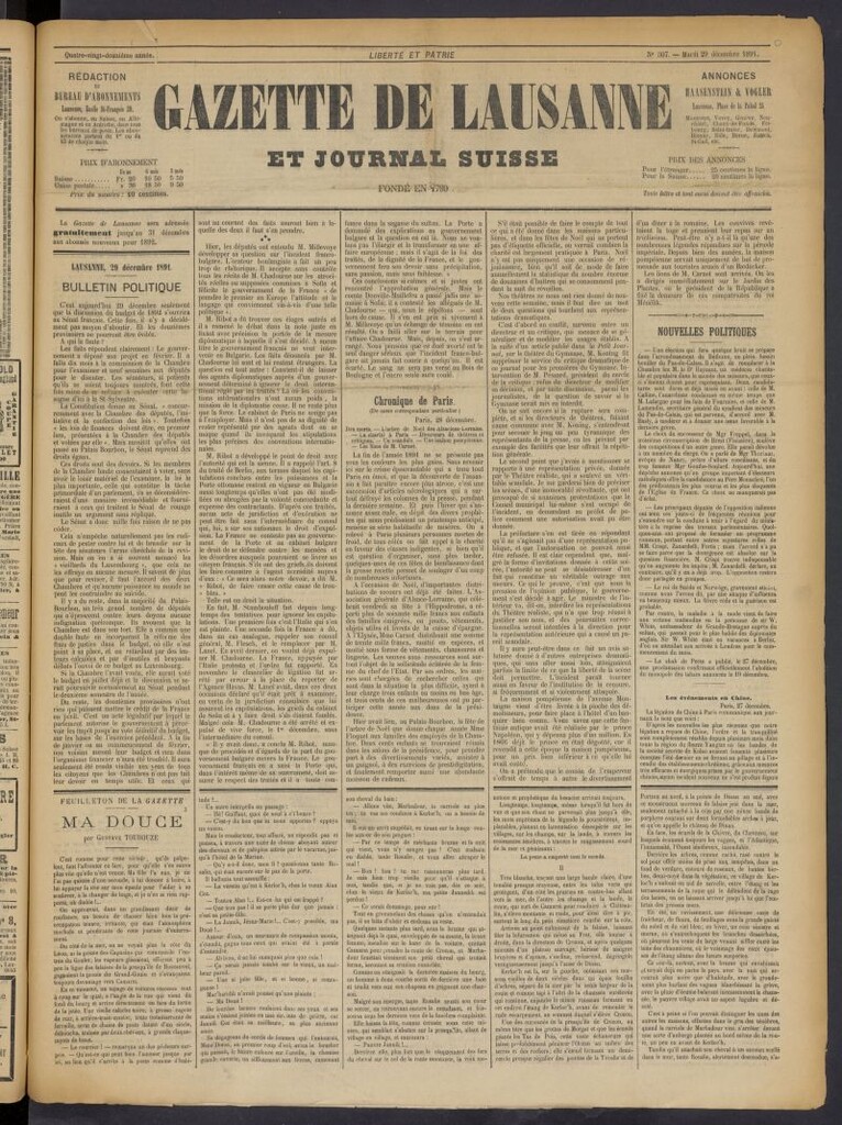 Miniatura de Gazette de Lausanne et Journal Suisse del 29 de diciembre de 1891, nº 307