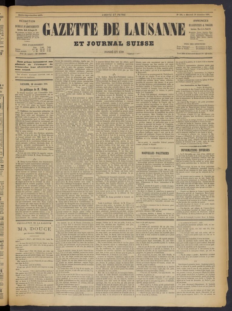 Miniatura de Gazette de Lausanne et Journal Suisse del 30 de diciembre de 1891, nº 308