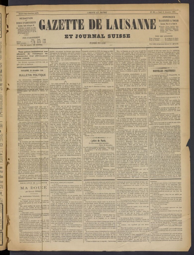 Miniatura de Gazette de Lausanne et Journal Suisse del 31 de diciembre de 1891, nº 309