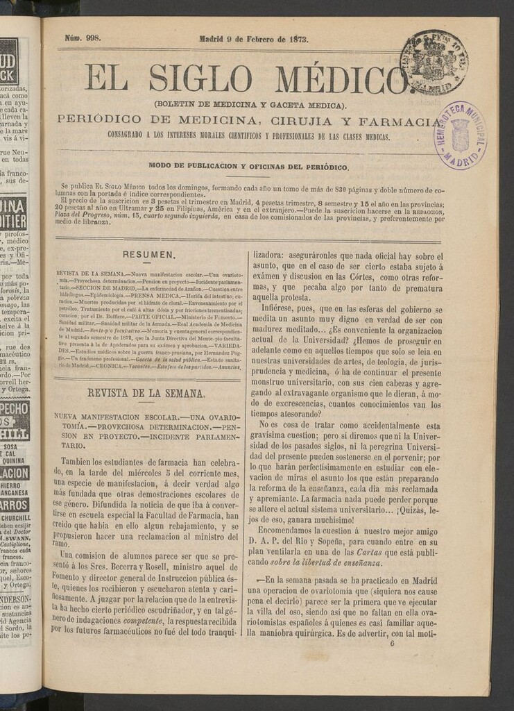 Miniatura de El Siglo Médico: boletín de medicina y gaceta médica del 9 de febrero de 1873