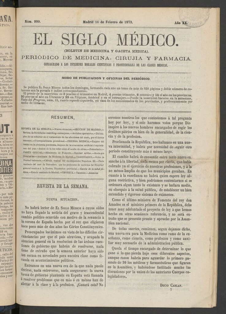 Miniatura de El Siglo Médico: boletín de medicina y gaceta médica del 16 de febrero de 1873