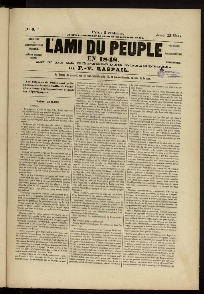 Miniatura de L´Ami du Peuple del 23 de marzo de 1848, nº 6