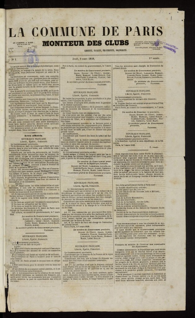 Miniatura de La Commune de Paris : moniteur des clubs del 9 de marzo de 1848, nº 1