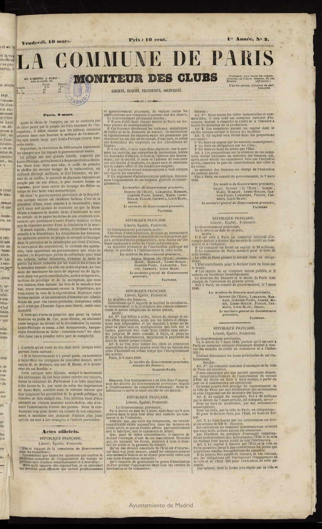 Miniatura de La Commune de Paris : moniteur des clubs del 10 de marzo de 1848, nº 2