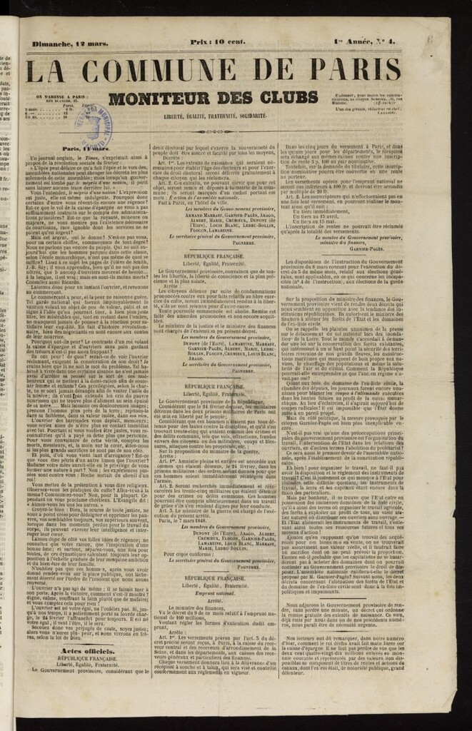 Miniatura de La Commune de Paris : moniteur des clubs del 12 de marzo de 1848, nº 4